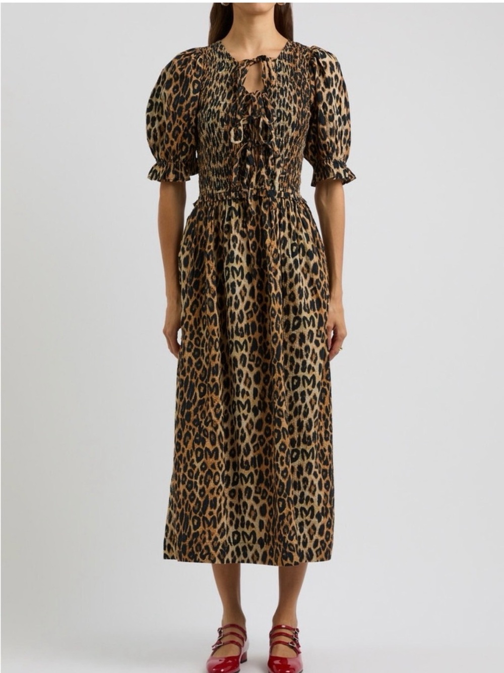 Smocked Leopard-Print Puff Sleeve Midi Dress - Brown/Black